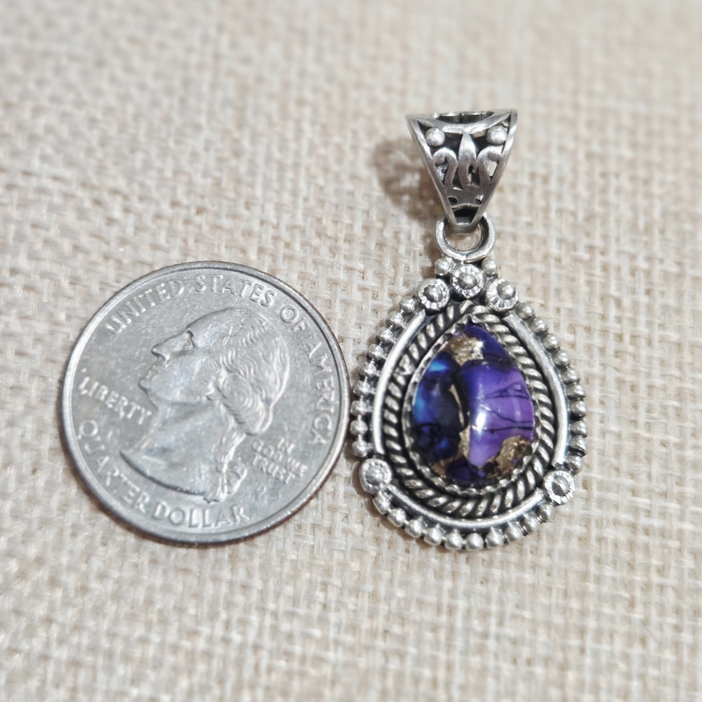 Elegant Purple Dahlia Turquoise and Silver Pendant - Picture 2 of 2